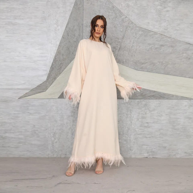 Spring New Robe Femme Musulmane Feather Long Sleeve Arab Muslim Dress Women Elegant Round Neck Abayas For Women L 070508700 - Tuzzut.com Qatar Online Shopping