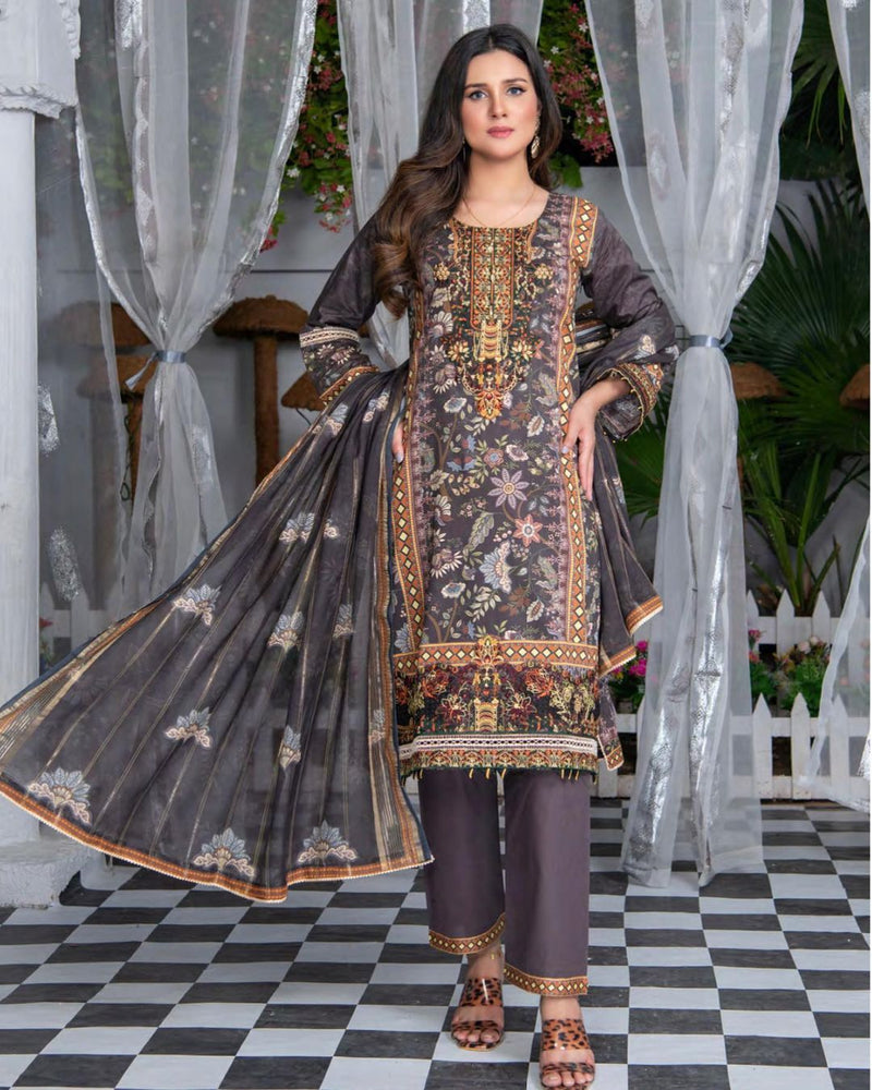 3 Pcs Pakistani Ladies Stitched Suit Digital Lawn Front Embroidery with Diamond Dupatta MSL-006