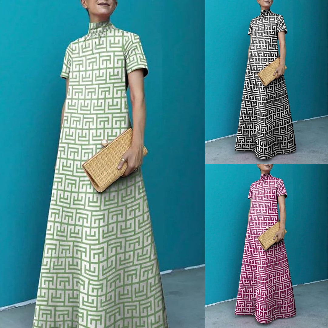 Loose Short Sleeves Printed Stand Collar Maxi Dress 121206 Loose Short Sleeves Printed Stand Collar Maxi Dress 121206
