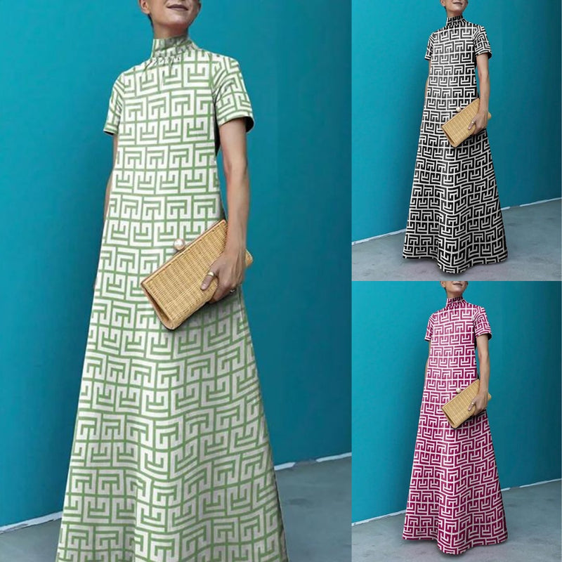 Loose Short Sleeves Printed Stand Collar Maxi Dress 121206