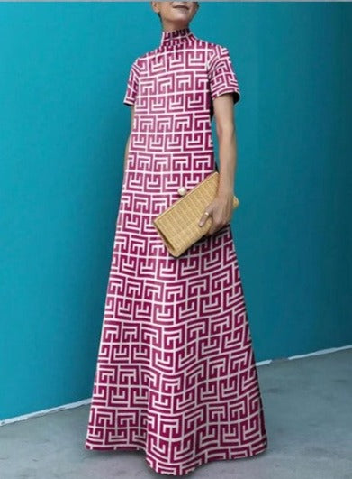 Loose Short Sleeves Printed Stand Collar Maxi Dress 121206 Loose Short Sleeves Printed Stand Collar Maxi Dress 121206