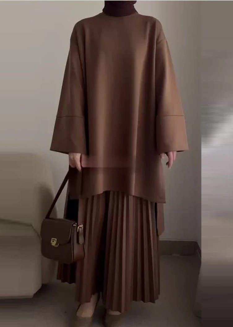 Elegant Round Neckline Wide Sleeves Pleated Skirt Mid-length Two-Piece Outfit 142968 - TUZZUT Qatar Online Shopping