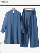 ZANZEA Autumn Vintage Muslim Sets Women Long Sleeve Blouse Pant Sets 2PCS Dubai Turkey Abaya Hijab Outifits Solid Tracksuit S S4731361 - Tuzzut.com Qatar Online Shopping