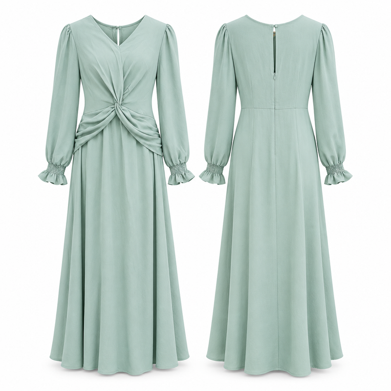Mint Green Twist-Waist Long-Sleeve Maxi Dress MC-A31