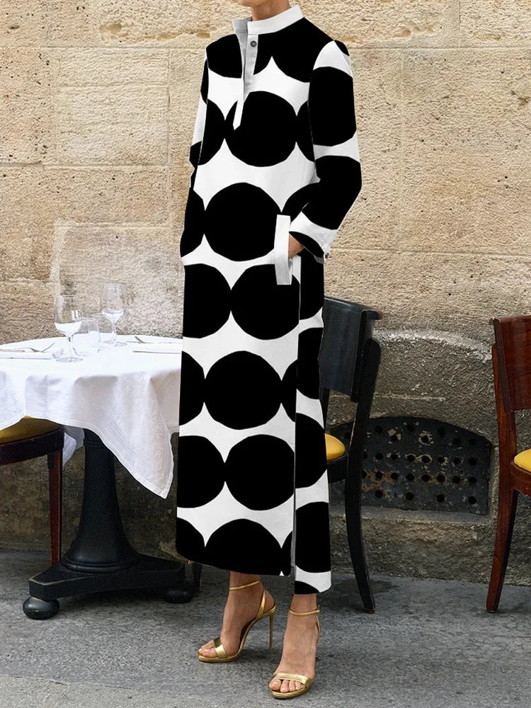Long Sleeves Loose Polka-Dot Split-Side Stand Collar Midi Dresses S 125795