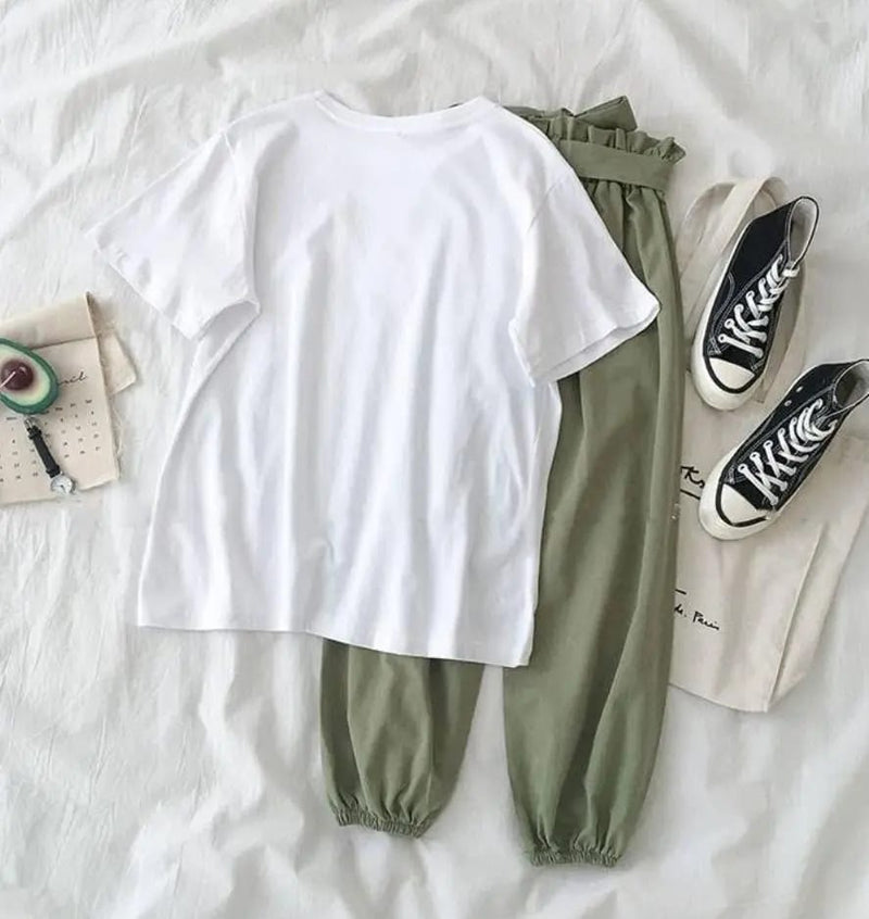 Summer New Famale Tracksuits Fashion CLothes Casual Loose White Top and Pant two piece set Women Students Girl Sweet Sportswear 2XL X532278 - Tuzzut.com Qatar Online Shopping
