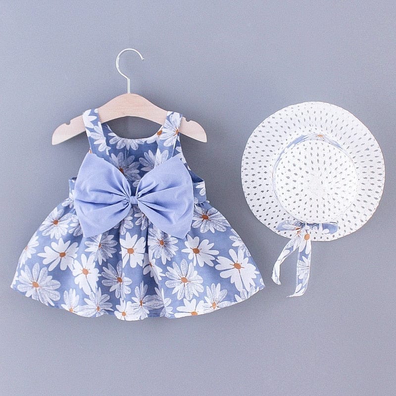 2pcs Summer Baby Girls Beach Princess Dress Cute Bow Flowers Sleeveless Cotton Toddler Dresses+Sunhat Newborn Clothing Set 3-6M 20389939