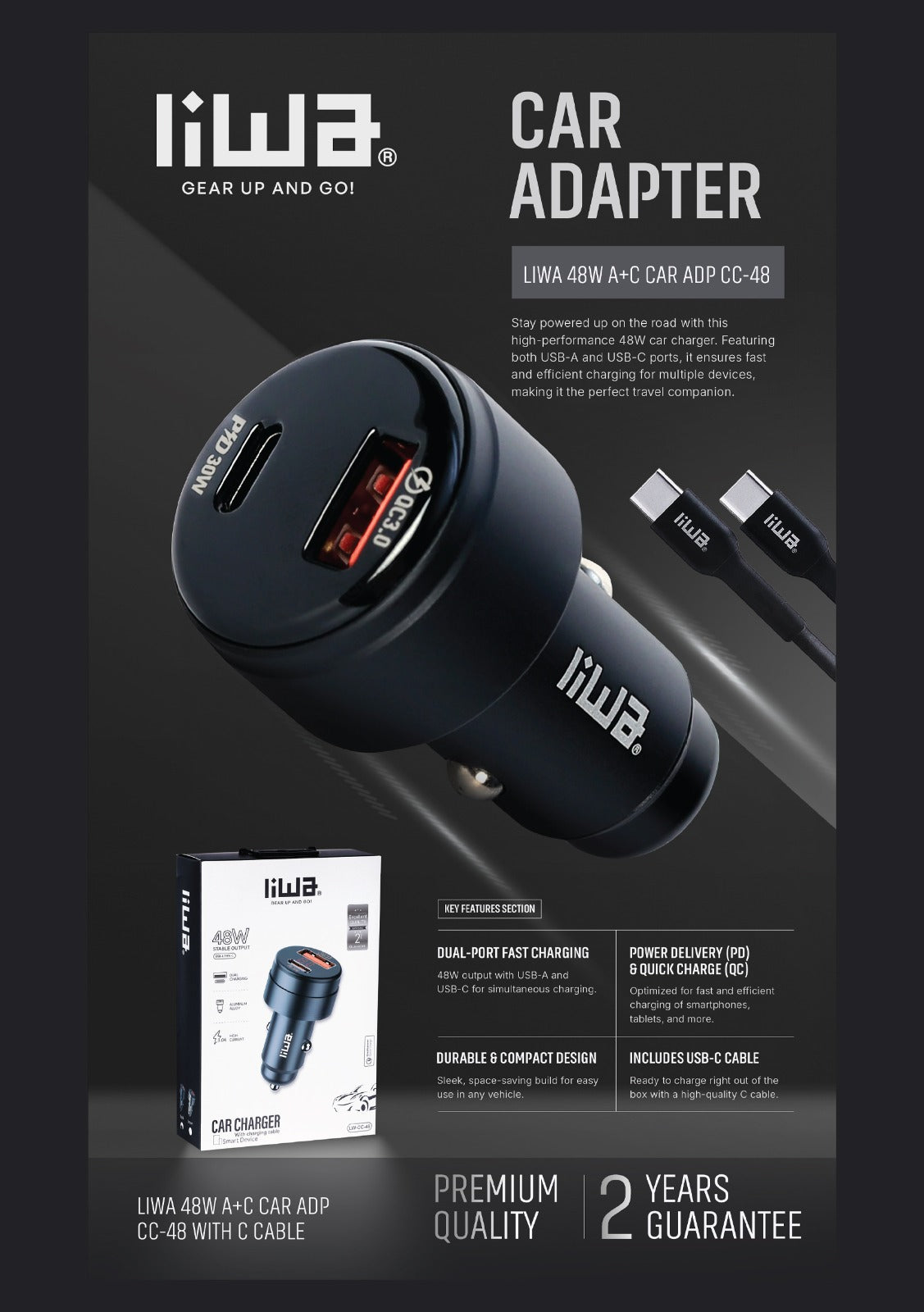 Liwa PD Car Adapter 48W /USB /C+C /LW-CC-48 Liwa PD Car Adapter 48W /USB /C+C /LW-CC-48