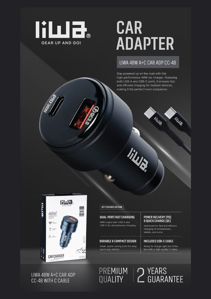 Liwa PD Car Adapter 48W /USB /C+C /LW-CC-48 - TUZZUT Qatar Online Shopping