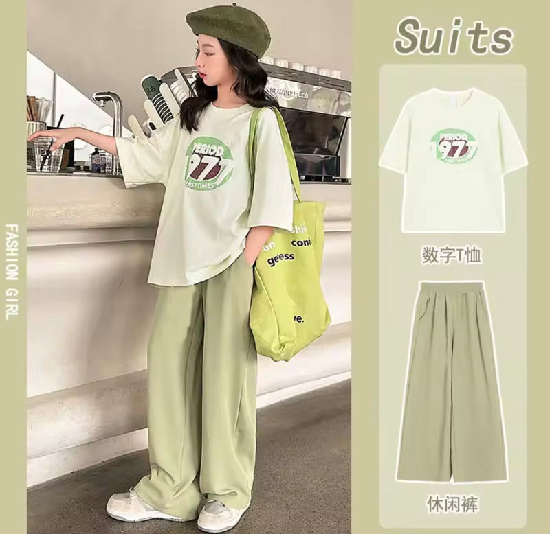 Girls Summer 2pcs Casual Cotton Short Sleeved Tees+wide-leg Pants  20240 - TUZZUT Qatar Online Shopping