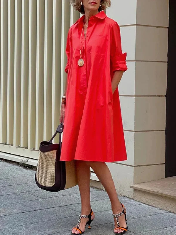 Simple Long Sleeves Solid Color Lapel Midi Dress L 107437 Simple Long Sleeves Solid Color Lapel Midi Dress L 107437