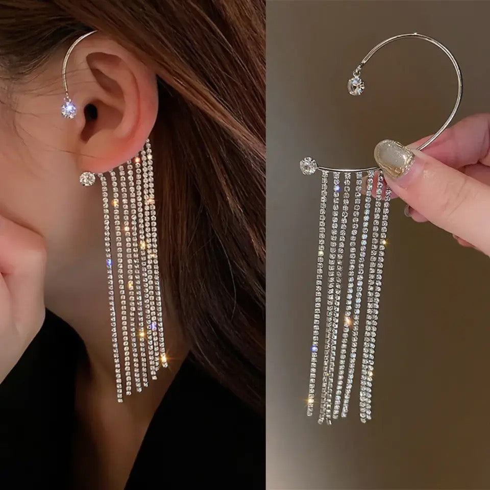 1pc Pierced Long Chain Tassel Silver Color Crystal Eearrings Hook Cuff For Women 1pc Pierced Long Chain Tassel Silver Color Crystal Eearrings Hook Cuff For Women