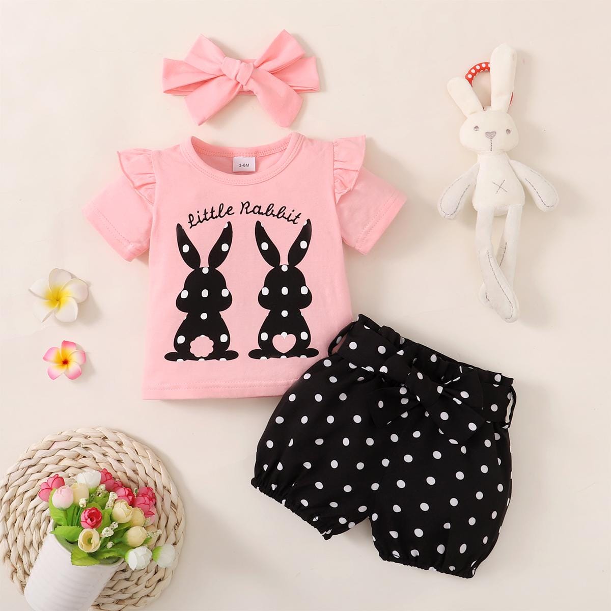 Baby 3PCS Print T-shirt+Polka Dots Shorts+Headwear Outfit Set 1205746 Baby 3PCS Print T-shirt+Polka Dots Shorts+Headwear Outfit Set 1205746