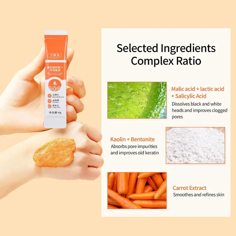 Carrot Foam Mask with Acid Complex Deep Bubble Cleaning Pore Cleansing , Blackhead removal, Exfoliation, Moisturizing (4gm x 12pcs Pack) Carrot Foam Mask with Acid Complex Deep Bubble Cleaning Pore Cleansing , Blackhead removal, Exfoliation, Moisturizing (4gm x 12pcs Pack)