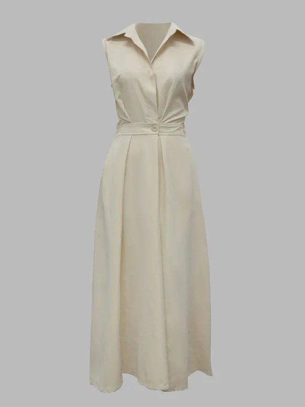 Sleeveless Solid Color Lapel Midi Dresses 116618