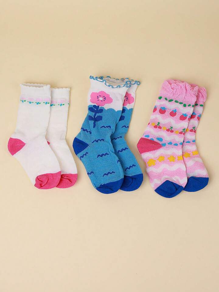 3pairs Baby Girls Flower & Cherry Pattern Breathable Socks For Spring & Summer S4551566