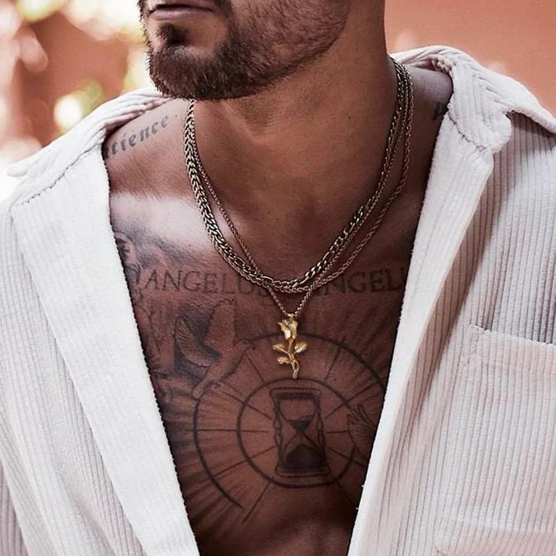 Rose Flower Pendant Necklace, Stainless Steel Men Necklace X4935817 Rose Flower Pendant Necklace, Stainless Steel Men Necklace X4935817