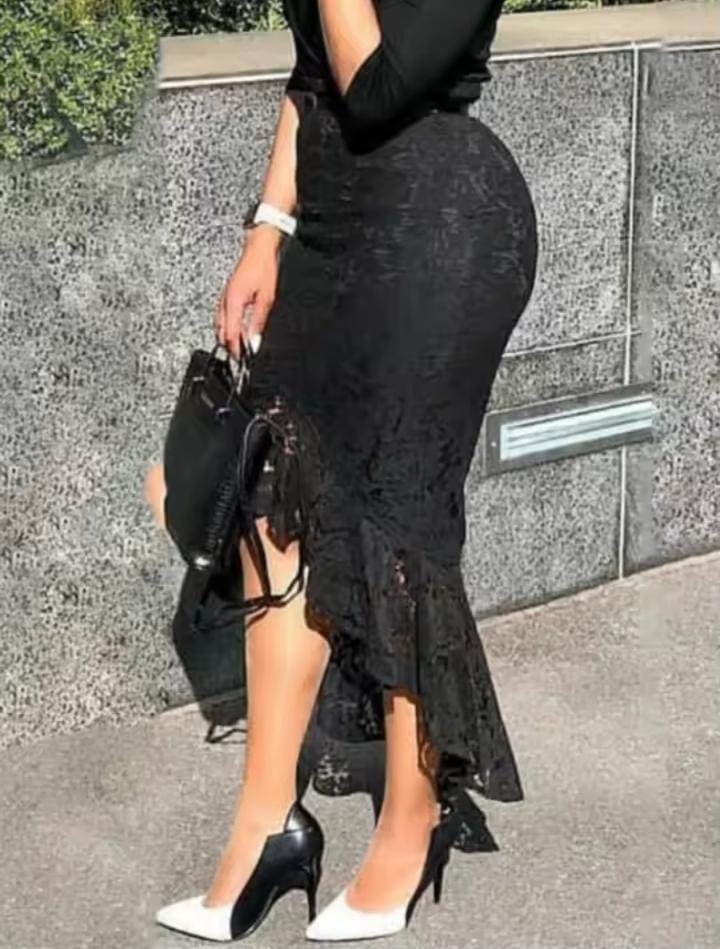 Women's Black Lace Midi Skirt, S1038963 Women's Black Lace Midi Skirt, S1038963