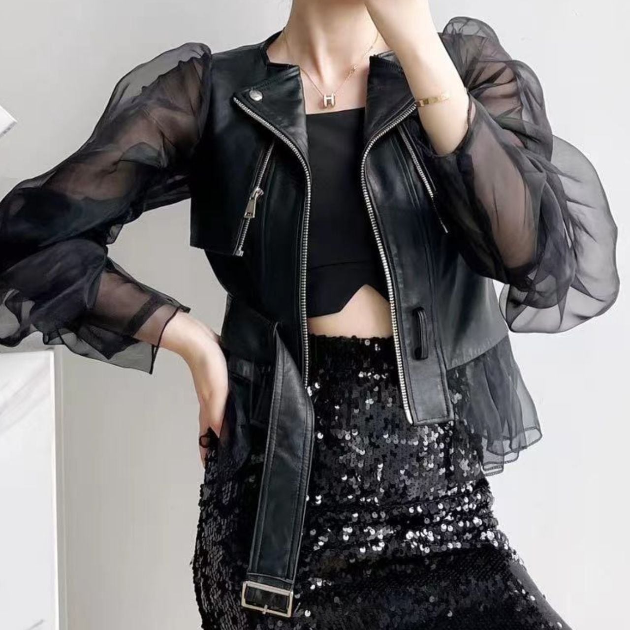 Black Mesh Double Sleeves Jacket with Zipper and Tulle Hem S5069757 - Size M Black Mesh Double Sleeves Jacket with Zipper and Tulle Hem S5069757 - Size M