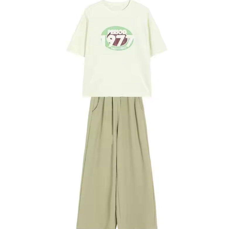 Girls Summer 2pcs Casual Cotton Short Sleeved Tees+wide-leg Pants  20240 - TUZZUT Qatar Online Shopping