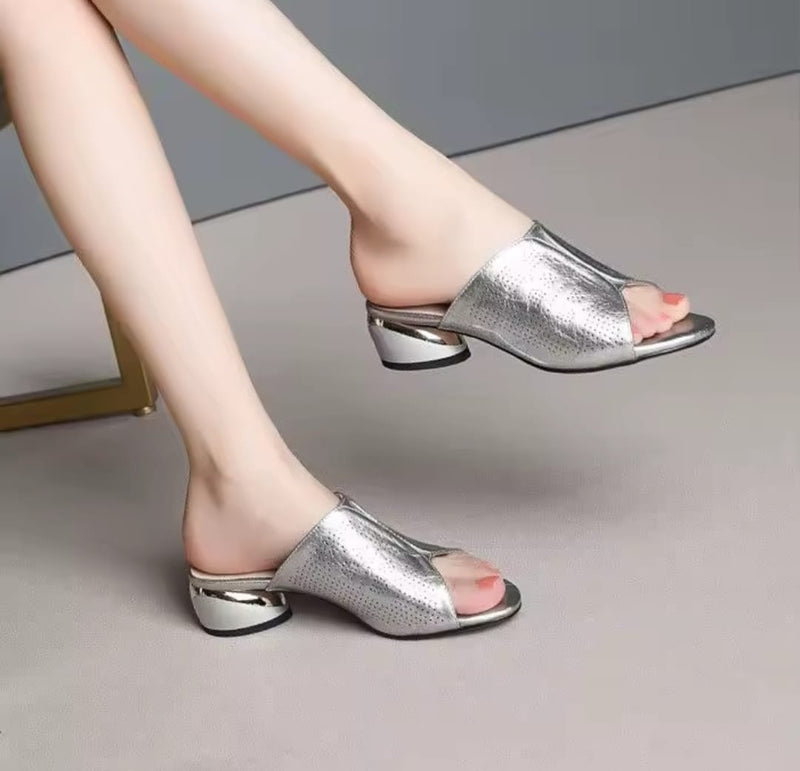 Silver Soft Leather Heeled Sandals 47605 - TUZZUT Qatar Online Shopping