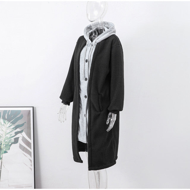 Women's Two-Piece Fake Two-Piece Long-Sleeved Korean Casual Medium-Length Coat Single-Breasted Outerwear Lamb Wool Spring   B72876 - TUZZUT Qatar Online Shopping