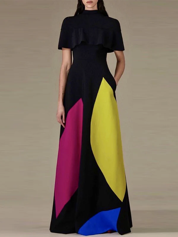 Short Sleeves Contrast Color Stand Collar Maxi Dress 153678 Short Sleeves Contrast Color Stand Collar Maxi Dress 153678