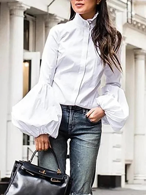 Urban Solid Color Stand Collar Puff Sleeves Blouse 92151 Urban Solid Color Stand Collar Puff Sleeves Blouse 92151