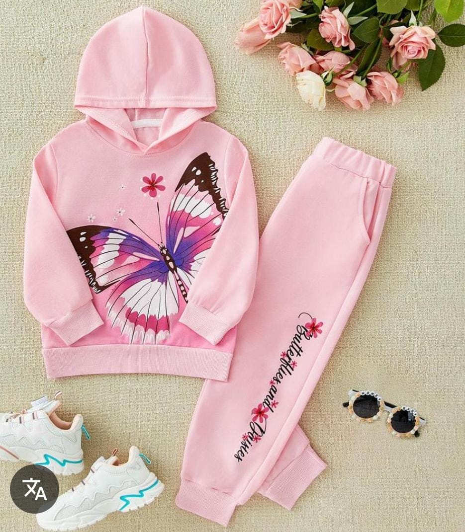 Girl's Pink Butterfly Hooded Sweatshirt 2-Piece Suit 1538802 Girl's Pink Butterfly Hooded Sweatshirt 2-Piece Suit 1538802