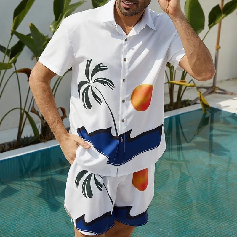 New Short Sleeve Shirt Set Hawaiian Men's Set 3D Printed Polo Collar Short Sleeve Casual Shirt Beach Shorts Summer Street L S3206830 - Tuzzut.com Qatar Online Shopping