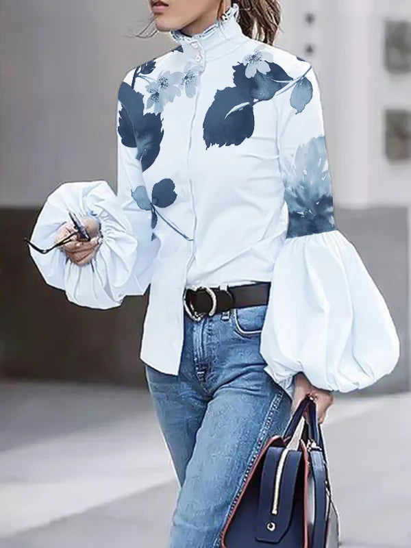 Long Sleeves Loose Buttoned Leaves Print High-Neck Tops 127607 Long Sleeves Loose Buttoned Leaves Print High-Neck Tops 127607