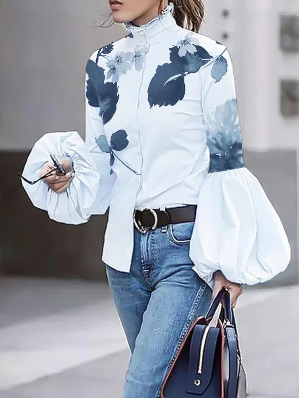 Long Sleeves Loose Buttoned Leaves Print High-Neck Blouses&Shirts Tops L 127607