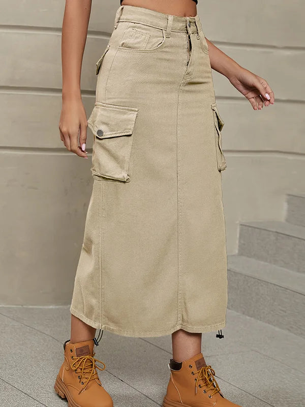 A-Line Buttoned Drawstring Pockets Solid Color Split-Side Skirts Bottoms M 123866 A-Line Buttoned Drawstring Pockets Solid Color Split-Side Skirts Bottoms M 123866