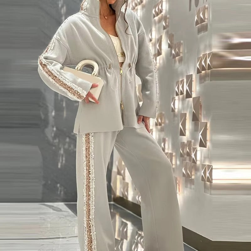 Bright Wire Splicing Top and Loose Pleated Casual Wide-Leg Pant 163576 - TUZZUT Qatar Online Shopping