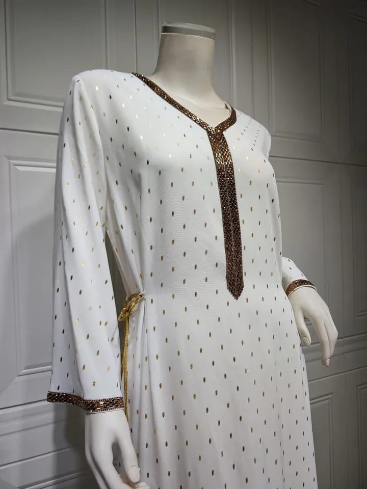 Muslim Dress Waist Side Straps Rope Design Vestidos V-neck Gold Hot Diamond Stamping Wave Point Elegant Fashion Arab Lady Abaya S4734151