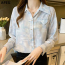 New long-sleeved lapel printed chiffon casual shirt for women L X4601457 - Tuzzut.com Qatar Online Shopping