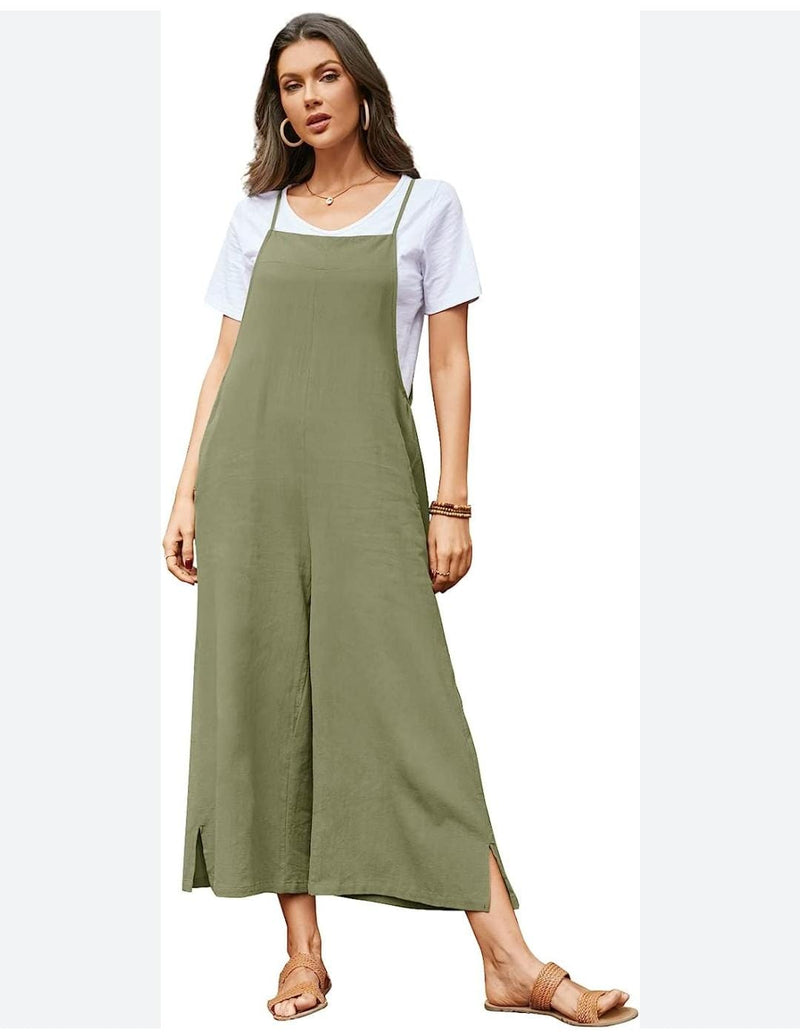Casual Loose Jumpsuit Women Summer Solid Cotton Linen Straps Wide Leg Pants Dungaree Bib Overalls Sleeveless Oversized Jumpsuits S1201668