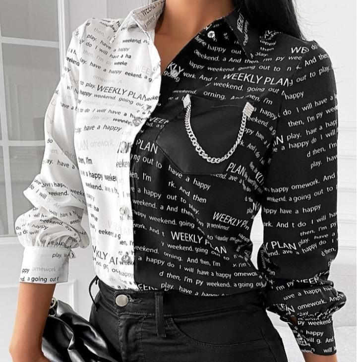 Slim Chiffon Printed Letter Long Sleeve Shirt Top S3929928 Slim Chiffon Printed Letter Long Sleeve Shirt Top S3929928