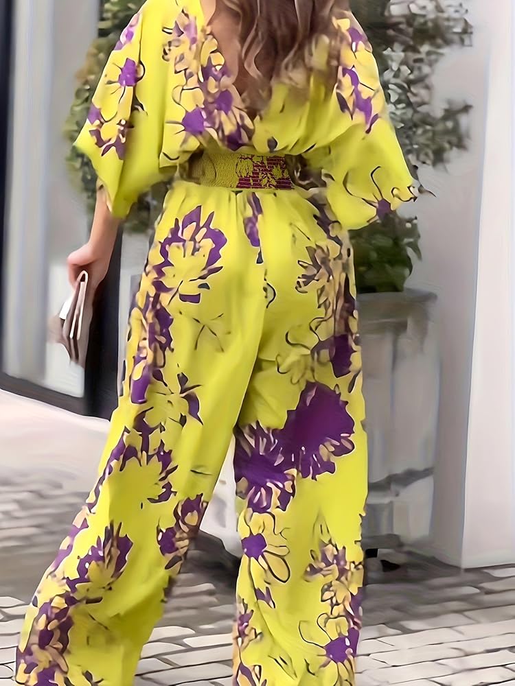 Women's Floral Print Wide Leg Jumpsuit 34858 - TUZZUT Qatar Online Shopping
