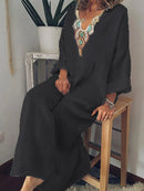 Womens Ankle Length Retro Loose V-Neck Pullover Long Dress 024247457 2XL - TUZZUT Qatar Online Shopping