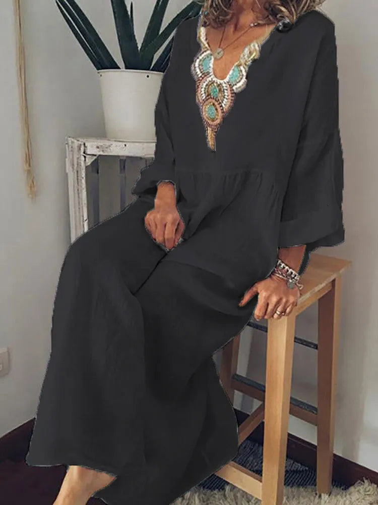 Womens Ankle Length Retro Loose V-Neck Pullover Long Dress 024247457 2XL - TUZZUT Qatar Online Shopping