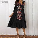 ZANZEA Summer Bohemian Dress Women 3/4 Sleeve V Neck Midi Dress Ladies Floral Printed Beach Sundress Female Vestidos 3XL S1307687 - Tuzzut.com Qatar Online Shopping
