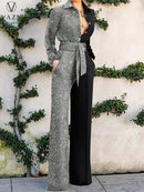 Autumn And Winter New Jumpsuit Fashion Women's Sexy V-neck Lace Up Houndstooth Splice Long Sleeve Straight Bodysuit Female B-59635 - Tuzzut.com Qatar Online Shopping