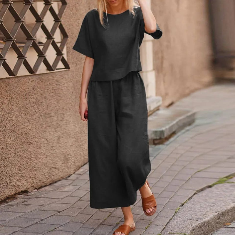 Women Cotton Linen Suit Fashion Comfortable Short Sleeve And Long Pants Solid Color Casual Loose oversized Summer Sets Dress Top M X3637423 - Tuzzut.com Qatar Online Shopping