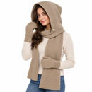 Free Size Beige Knitted Hooded Scarf & Matching Mittens Set 383039