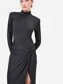 SIDE-DRAPED LONG BLACK DRESS S5089083