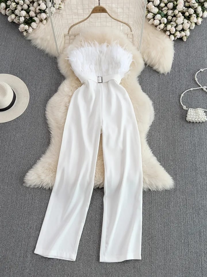 Chic and Elegant Women Overall Jumpsuit Monkeys Summer Plush Feather Patchwork Belted Bodysuit Formal Party Evening Female M S3509528
