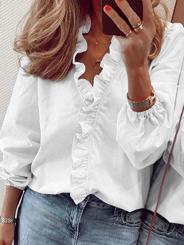 Puff Sleeves Falbala Solid Color V-Neck Blouses L 108782