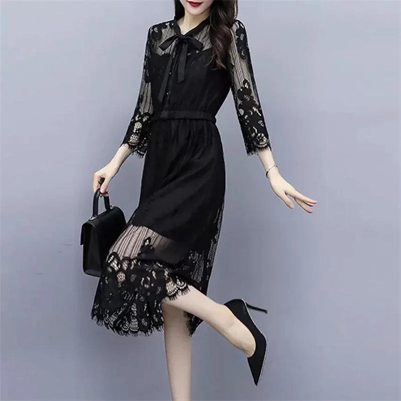 Black Dress Women Long Sleeve Lace Dress M S1471611