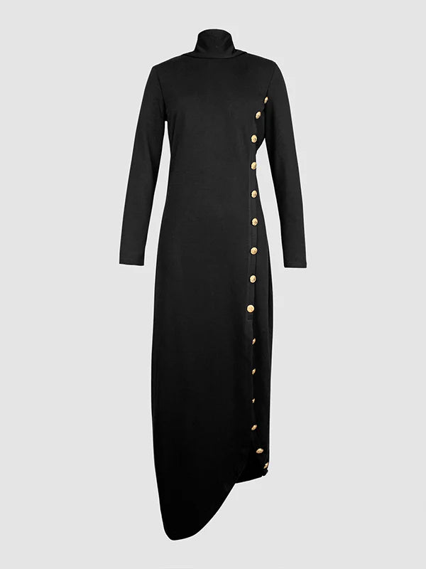 Long Sleeves Loose Asymmetric Buttoned Split-Joint Split-Side Mock Neck Maxi Dresses 173681 Long Sleeves Loose Asymmetric Buttoned Split-Joint Split-Side Mock Neck Maxi Dresses 173681